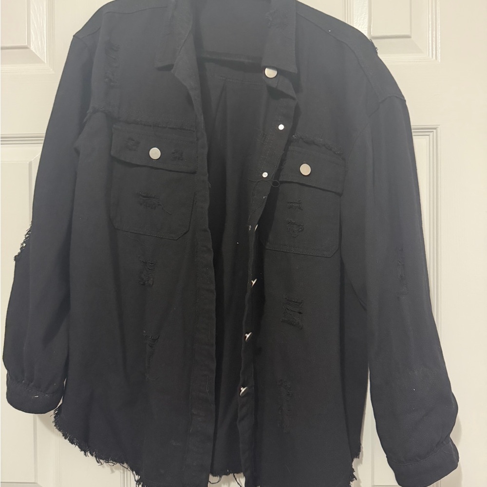 Source Unknown Black Distressed Jean Jacket